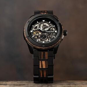 NWOT Original Grain Rugged Automatic Burlwood Black Charred Whiskey 44m Watch